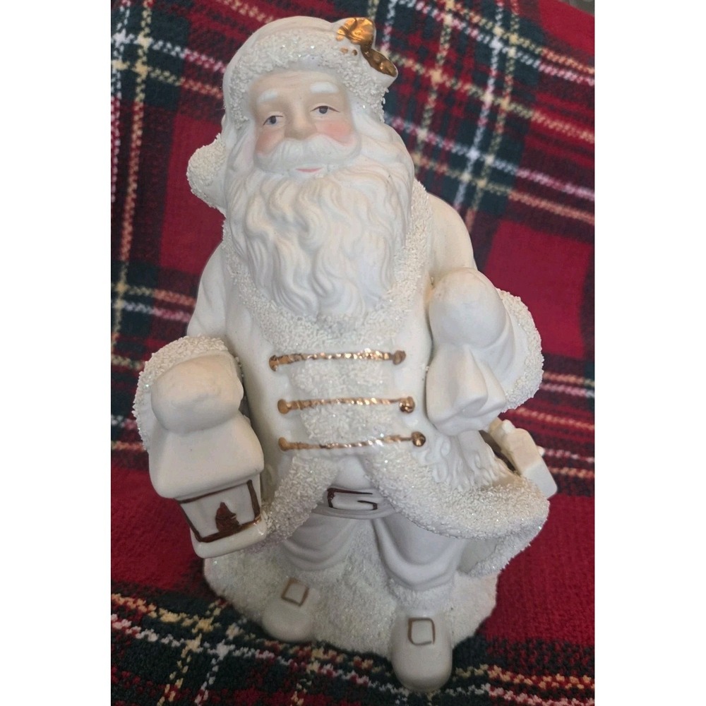 Classic Old World Santa Claus Figurine Ivory & Gold Trim 9 Inches Tall Ceramic